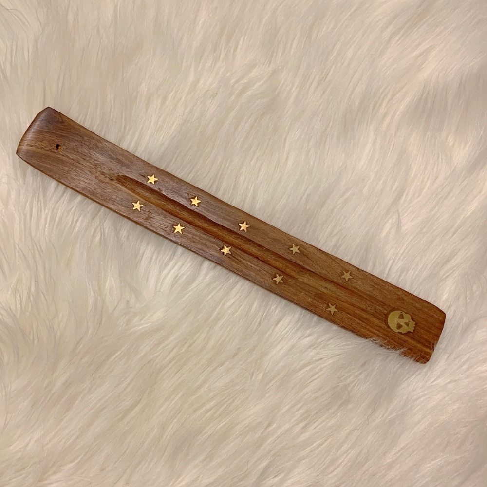 Wooden Incense Holder with Gold Star Skull Detail